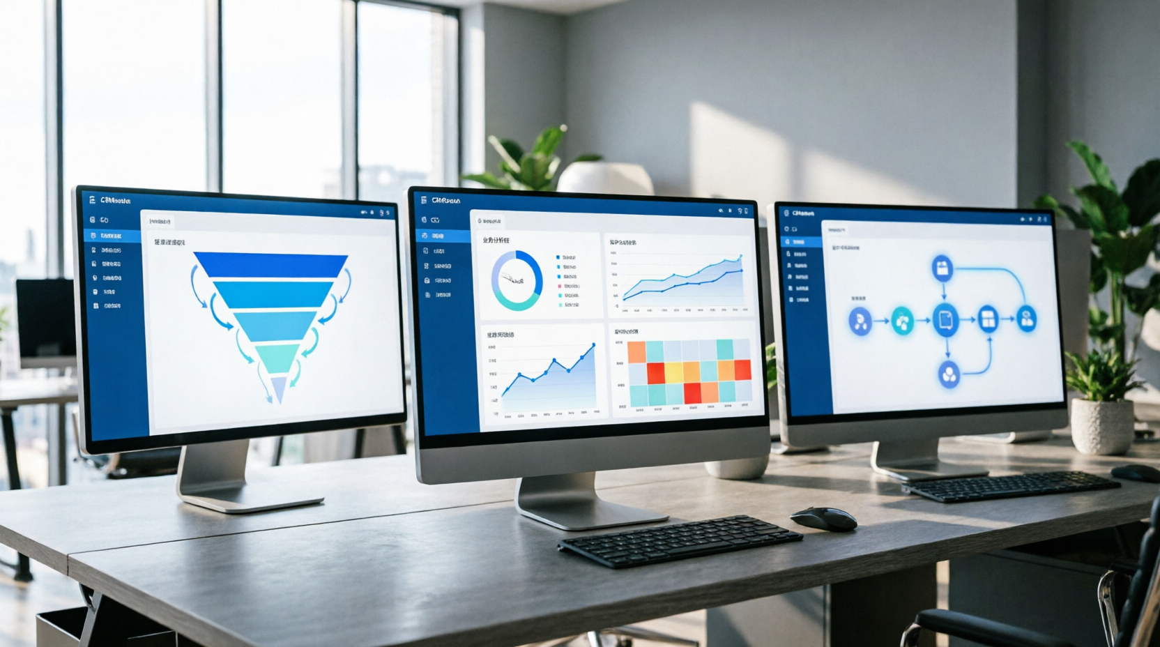 CRM-система — дашборд на нескольких мониторах