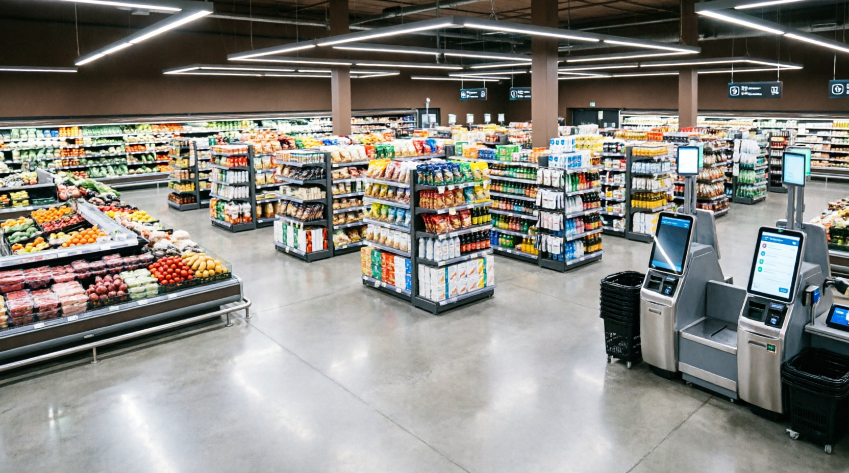 Супермаркет X5 Retail Group — торговый зал с кассами самообслуживания